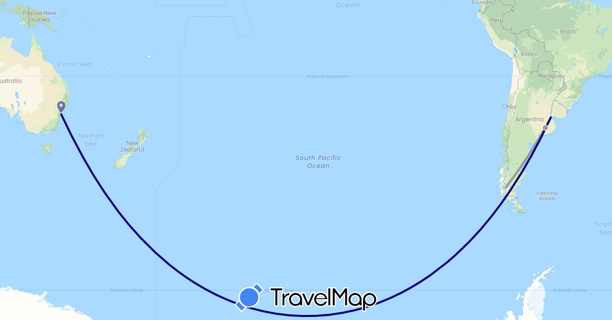 TravelMap itinerary: driving, plane in Argentina, Australia (Oceania, South America)